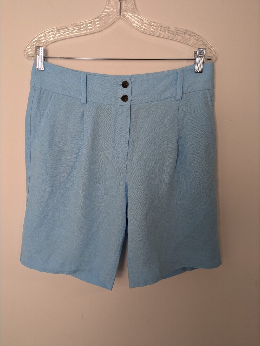 Talbots Light Blue 100% Linen Pleated Front Double Button Shorts Size 6